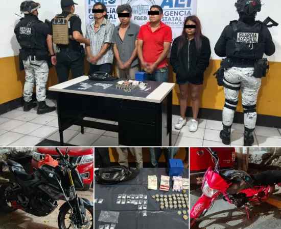 Desarticulan punto de venta de drogas durante cateo, detienen a cuatro, aseguran “cristal” y motocicletas