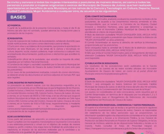 Ayuntamiento de Oaxaca de Juárez emite convocatoria para la distinción “Mujer Oaxaqueña 2026, Arcelia Yañiz Rosas”
