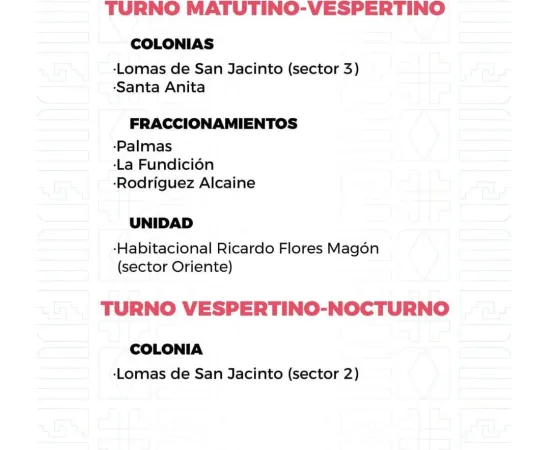 Agenda del suministro de agua potable para este domingo 