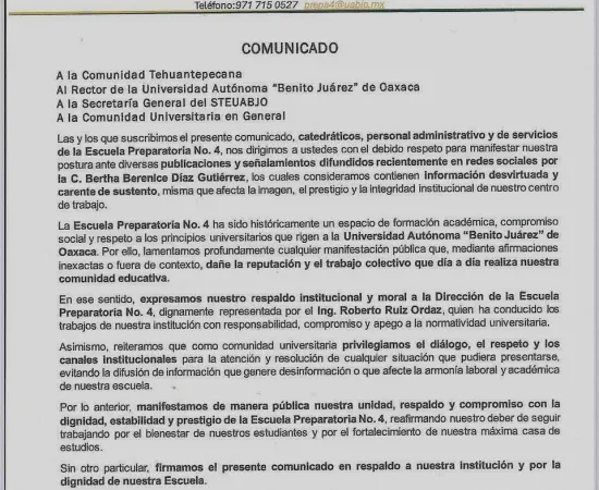 Comunidad académica respalda a su director de la Preparatoria 4 de Tehuantepec 
