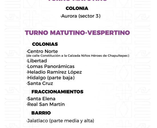 Agenda del suministro de agua potable para este miércoles 