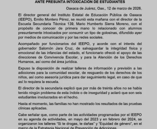 Ofrece IEEPO respaldo institucional a Sec. 139, ante presunta intoxicación de estudiantes