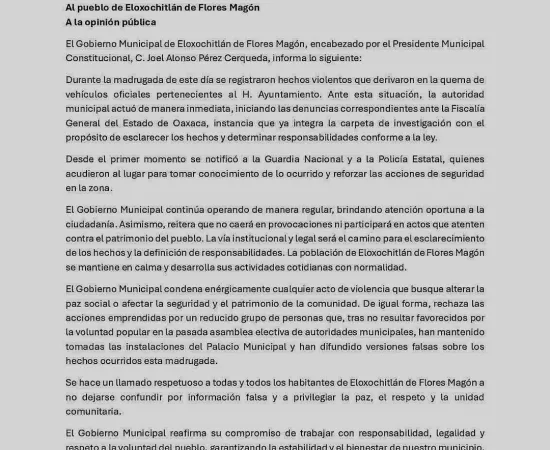 Gobierno municipal denuncia quema de vehículos oficiales en Eloxochitlán de Flores Magón