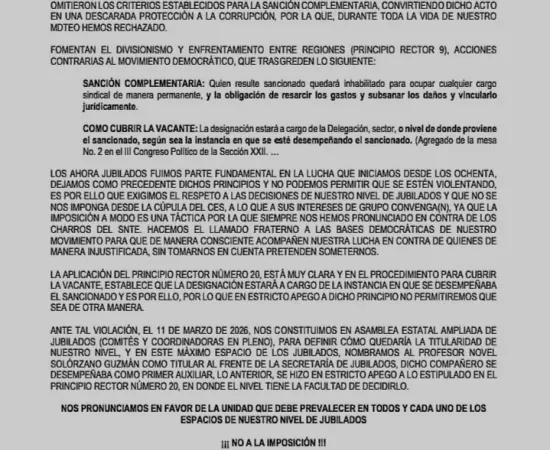 Profesores jubilados, denuncian imposiciónes de dirigentes de la Secc 22 de la CNTE.