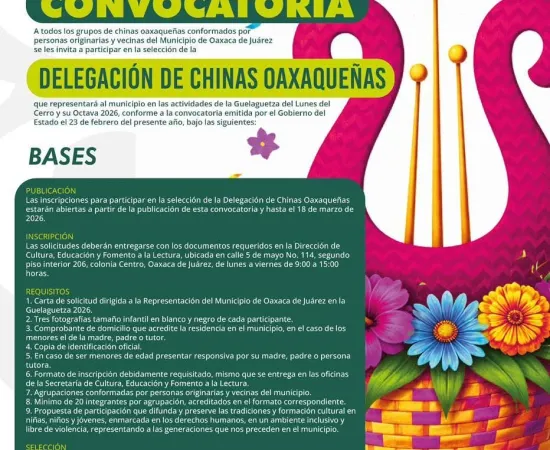 Oaxaca de Juárez convoca a integrar la Delegación de Chinas Oaxaqueñas 2026