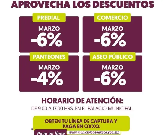 Municipio de Oaxaca de Juárez mantiene descuento del 6% en predial durante marzo