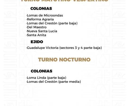 Agenda del suministro de agua potable para este domingo 