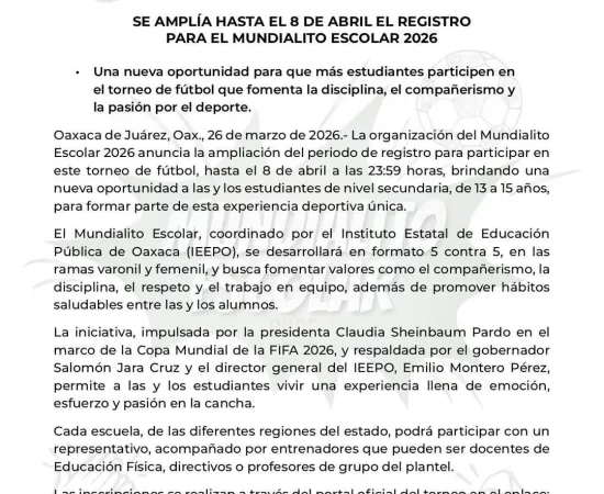 Continúa hasta el 8 de abril las inscripciones para "El Mundialito Escolar 2026".