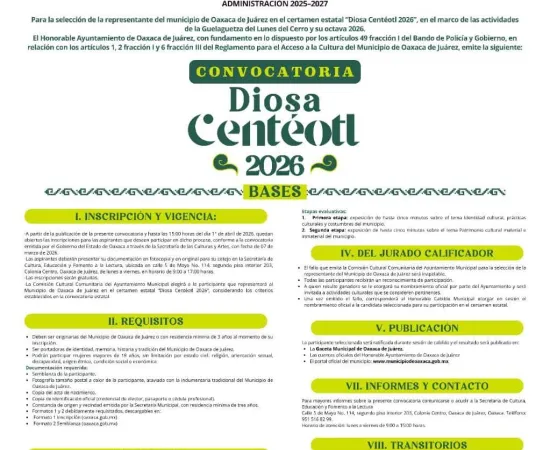Oaxaca de Juárez convoca a elegir a su representante de Diosa Centéotl 2026