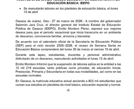 Receso escolar por Semana Santa a partir del 30 de marzo en Educación Básica