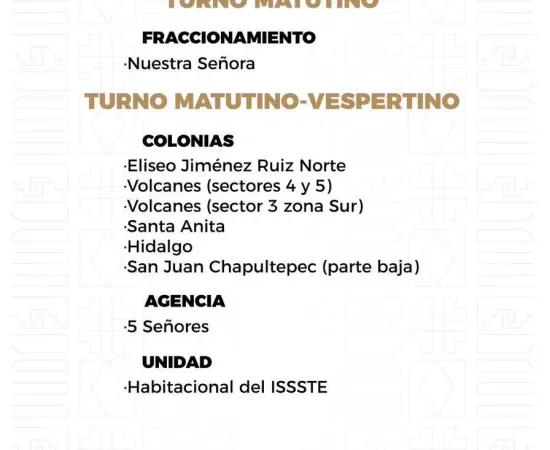 Agenda del suministro de agua potable para este domingo 