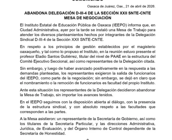 Abandona S-22 mesa de negociación