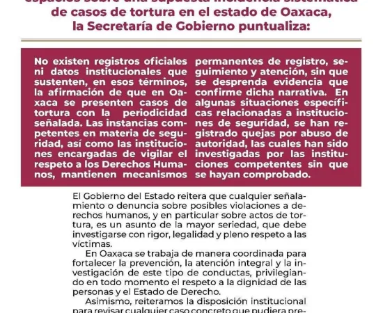 Gobierno de Oaxaca niega que exista tortura sistemática en el estado 