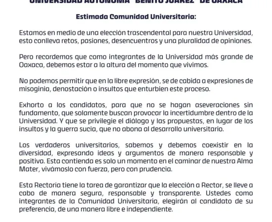 Posicionamiento del Rector de la UABJO Cristian Eder Carreño López sobre expresiones que enturbien el desarrollo de las elecciones internas de la Universidad.