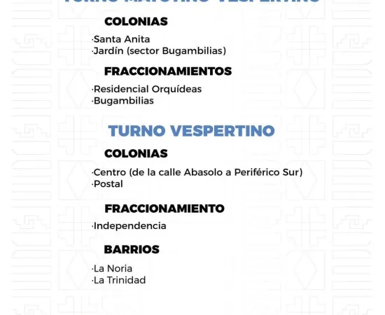 Agenda del suministro de agua potable para este jueves 