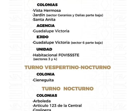 Agenda del suministro de agua potable para este domingo 