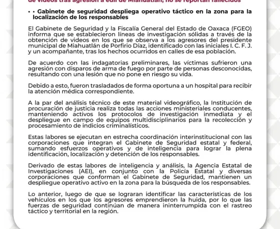 Gabinete de Seguridad y FGEO establecen líneas de investigación a partir de videos tras agresión a edil de Miahuatlán; no se reportan fallecidos