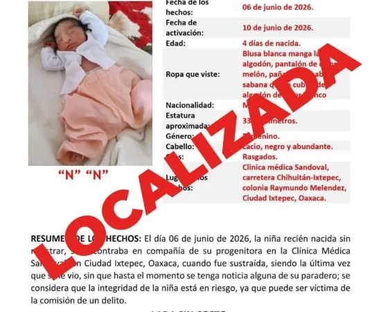 Localiza FGEO a salvo a bebé recién nacida reportada como sustraída en Ciudad Ixtepec