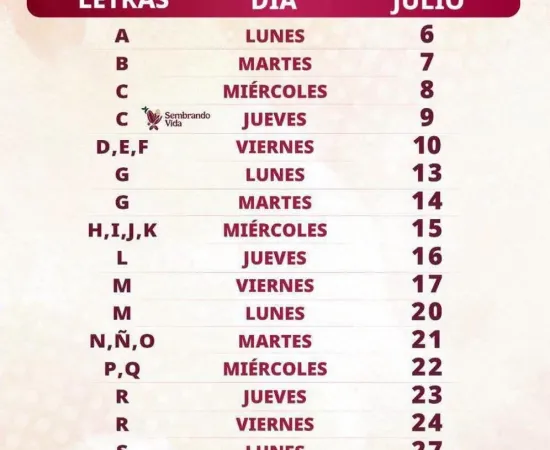 Calendario de pago de los programas BIENESTAR