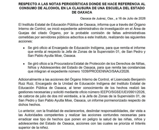 Comunicado del IEEPO sobre consumo de alcohol en un bailable en clausura escolar.