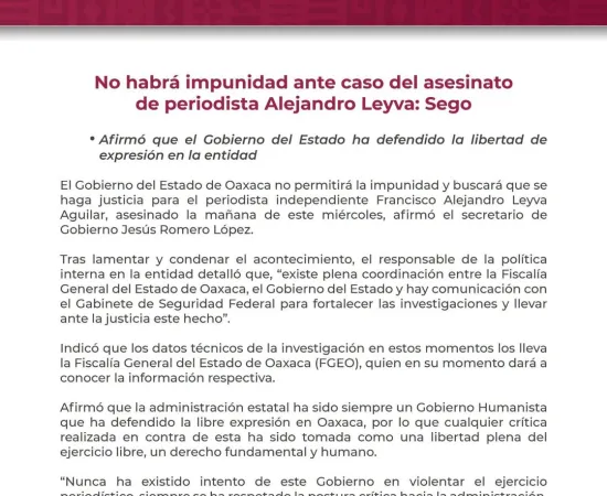 No habrá impunidad ante caso del asesinato de periodista Alejandro Leyva: Sego