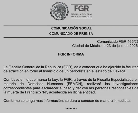 Atrae FGR el caso del homicidio del periodista Francisco Alejandro Leyva Aguilar