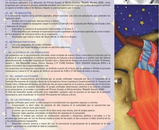 Convoca el Congreso de Oaxaca al Premio Estatal al Mérito Artístico "Rodolfo Morales 2026"