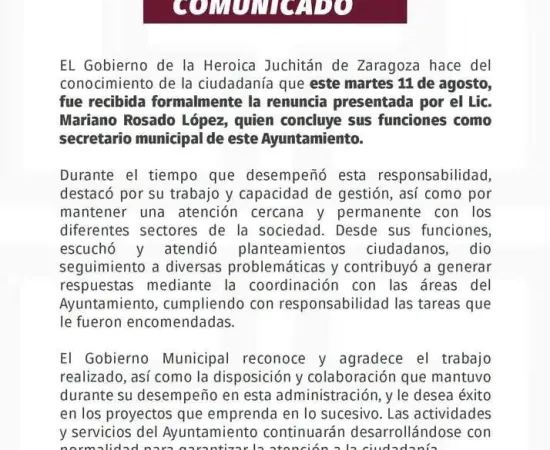 Comunicado Municipio de Juchitán 