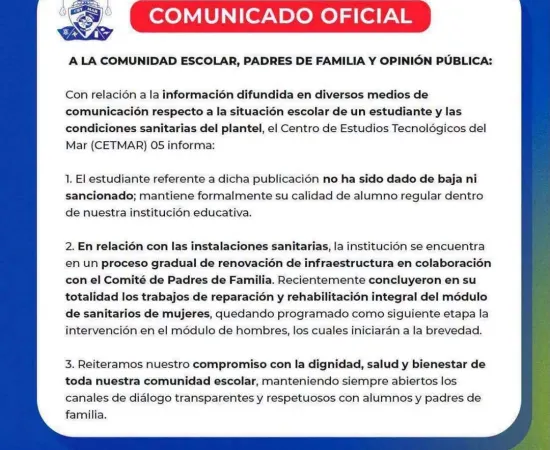 CETMar responde a señalamientos sobre alumno y condiciones de los baños