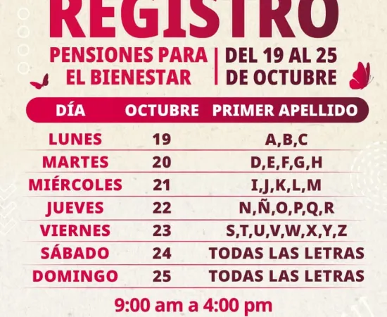Del 19 al 25 de octubre se realiza el registro a las Pensiones para Adultos Mayores y Mujeres Bienestar