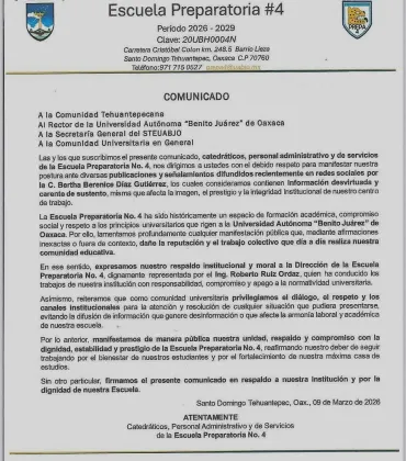 Comunidad académica respalda a su director de la Preparatoria 4 de Tehuantepec 