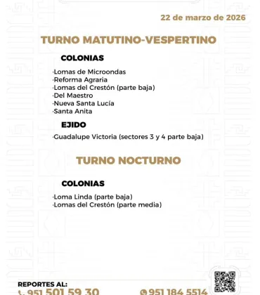 Agenda del suministro de agua potable para este domingo 