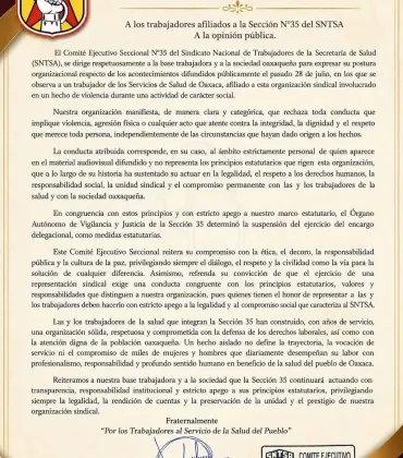 Sección 35 del SNTSA suspende a delegado sindical